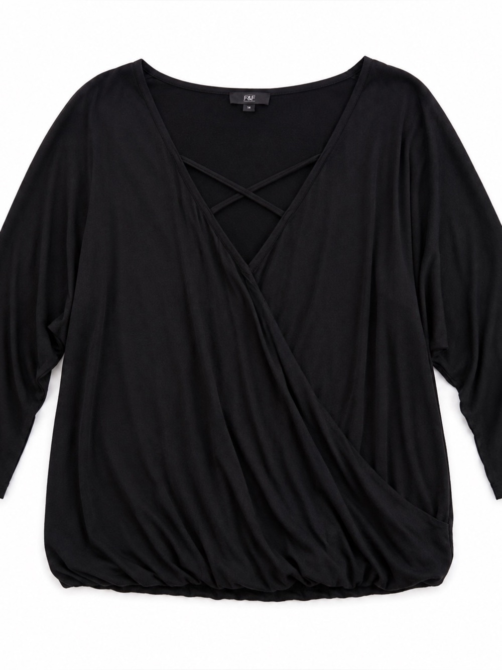 F&F Black Faux Wrap Surplice Dolman Sleeve Top Plus Size 14